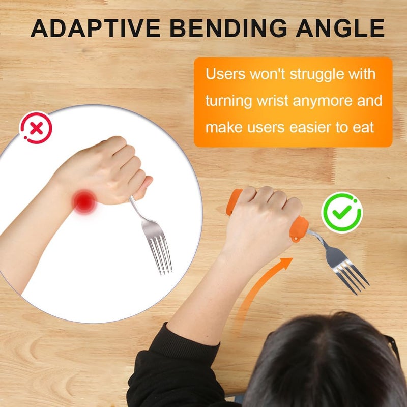 Ehucon Adaptive Utensils,Curved Angled Spoon and Fork Set,for Tremors Parkinsons Limited or Elderly,Weight Cutlery with Non-Slip Easy Grip Handles - Image 1